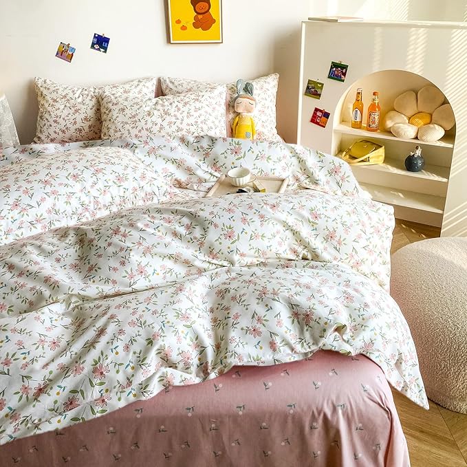 MKXI Garden Floral Comforter King Peach Blossom Pink White Floral Comforter Set for Girls Botanical Bedding Comforter Pink Flowers Print Comforter Vintage Farmhouse Bed Comforters, MKB02QianyK