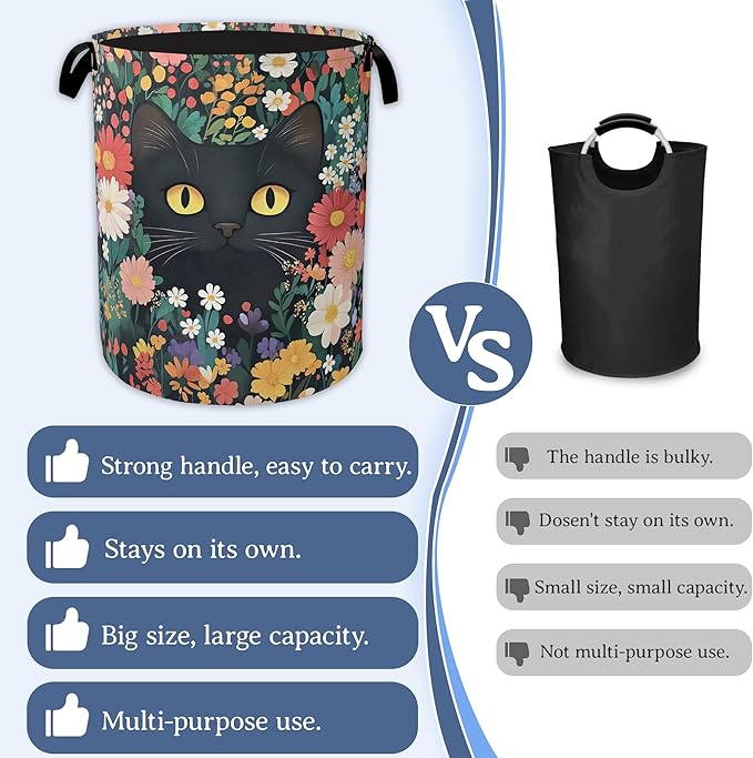 Cute Funny Black Cat Laundry Basket,Oxford Cloth Flower Laundry Hamper With Handle Foldable Portable Clothes Storage Basket for Laundry Room/Bedroom/Bathroom 20.8"x16"