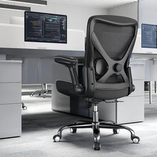 Office Home Ergonomic Desk Chair-Computer X-Shaped Chair Mesh PU Leather with Adjustable Lumbar Support-Executive Chair High Back Flip-Up Arms for Long Hours (Black-No Headrest)