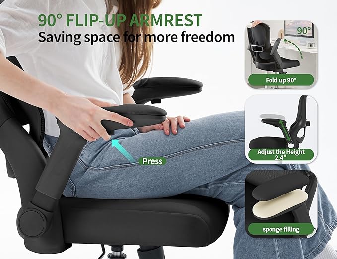 Office Chair Ergonomic Desk Chair Comfy: 400LBS Mesh Computer Chair Ergonomic Gaming Chairs with Wheels Adjustable Lumbar Support and Flip up Armrest-Swivel Executive Chairs Long Hours(Black)