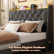 Queen Size Bed Frame with Storage Headboard and 2 Drawers, Upholstered Button Linen Platform Bed frame with Led Lights and Charging Station, No Box Spring Needed, Easy Assembly, Noise Free, Gray
