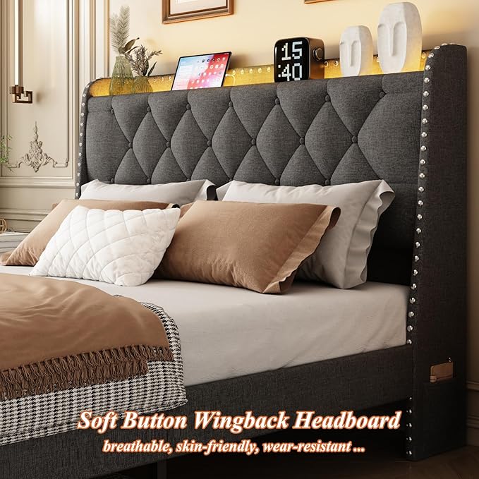 Queen Size Bed Frame with Storage Headboard and 2 Drawers, Upholstered Button Linen Platform Bed frame with Led Lights and Charging Station, No Box Spring Needed, Easy Assembly, Noise Free, Gray