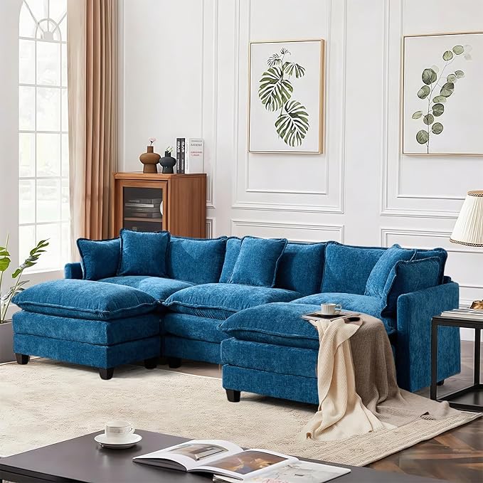 SoarFlash 113.78" Chenille Sectional Sofa, Comfy U Shaped Modular Coush Sofa with Ottoman, Modern 4 Seat Couch Deep Seat Sofa Set for Living Room,Blue