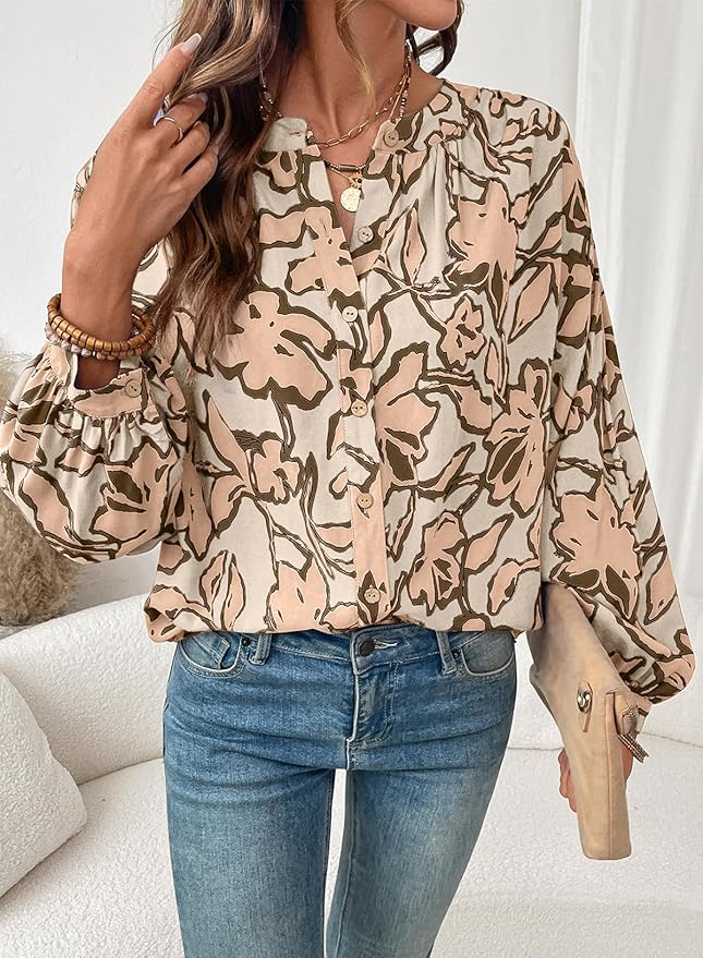 Astylish Womens 2026 Boho Floral Loose Spring Summer Tops Lantern Sleeve Flowy Blouses V Neck Button Down Shirts