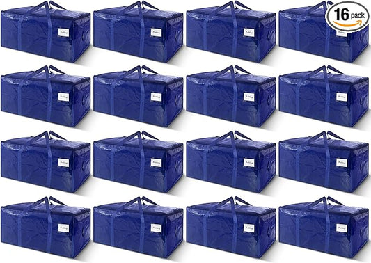 16 Pack Extra Heavy Duty Large Moving Bags with Strong Zipper & Carrying Handles, Sturdy Clothes Storage Bag Totes Bins, Packing Bags Moving Boxes College Moving Supplies, Dark Blue - 24 gal