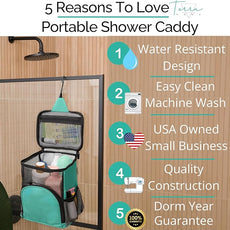 Original Shower Caddy For College Dorms- Travel Shower Caddy - Dorm Organizer Bag - Large Capacity, Quick Dry and Water Resistant with Metal Hook - Portable and Foldable Bag for Gym and Travel (Aqua)