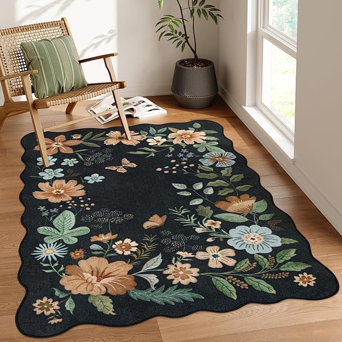 Lahome Floral Washable Rugs for Bedroom, 4X6 Living Room Rug Ultra-Thin, Non-Slip Soft Stain Resistant Boho Throw Carpet for ‎Office Entryway Dining Room (4x6ft,Black/Grey)