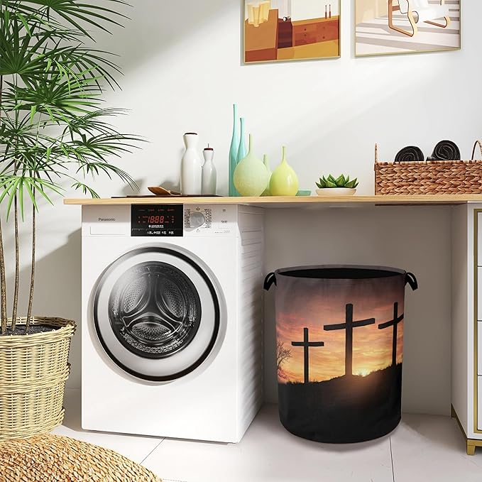 Cross Sunset Laundry Basket,Foldable with Handles Tote Bag Oxford Cloth for Bathroom Bedroom Dirty Clothes Storage Bucket 16" x 20.8"