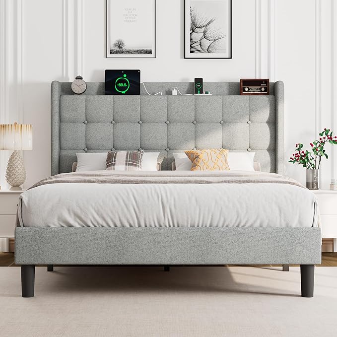 Queen Bed Frame, Upholstered Platform Bed with Charging Station, Modern Wingback Storage Headboard, Solid Wood Slats Support, No Box Spring Needed, Light Gray