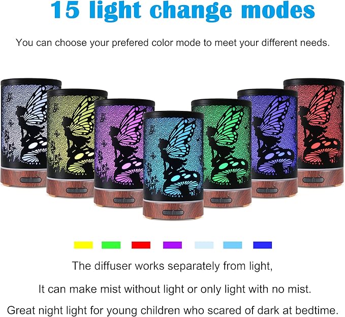Essential Oil Diffuser, Ultrasonic Diffuser for Essential Oil, Cool Mist Humidifier Aromatherapy Diffuser with 7 Color Lighting Changing Modes, Waterless Auto Shut-Off for Home（Flower Fairy）