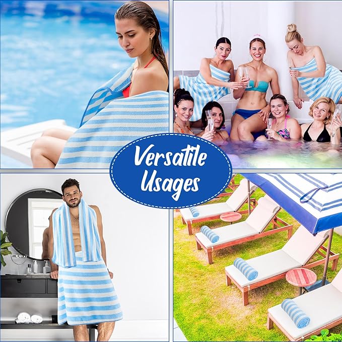 16 Pack Microfiber Bath Towels Bulk 27'' x 60'' Oversized Size Bath Towel Highly Absorbent Extra Large Soft Drying for Shower Beach Winter Salon Sport Gym Party (Stripes,Light Blue)