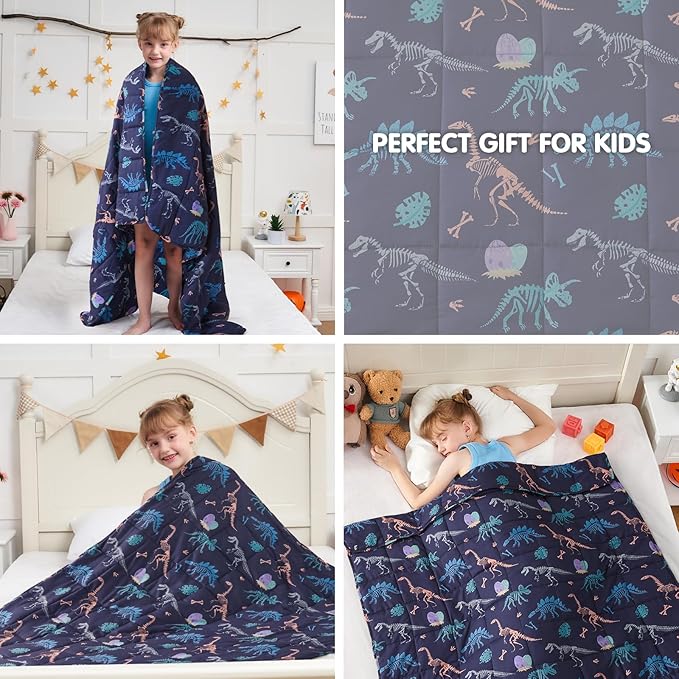 yescool Dinosaur Weighted Blanket 5 Pounds Cooling Weighted Lap Blanket, Navy Heavy Blankets for Sleeping, Weighted Throw Blankets Gift for 40-60lbs, 36"x48"