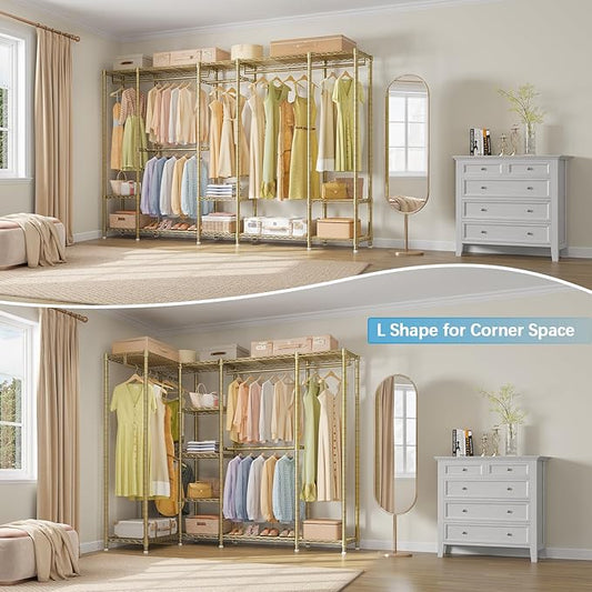 VIPEK V50 Extra Large Portable Closet Rack Bedroom Armoire Freestanding Wardrobe Closet, Heavy Duty Clothes Rack Multi-Functional Metal Clothing Rack for Hanging Clothes, Max Load 1300lbs, Gold