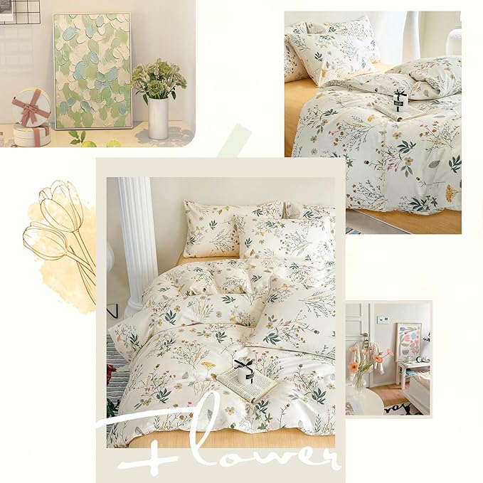 HighBuy Cotton 3 Piece Duvet Cover Full Yellow Floral Bedding Set Full Girls Botanical Coquette Comforter Cover with Zipper,Chic Garden Style Green Botanical Duvet Cover Set Vintage Soft