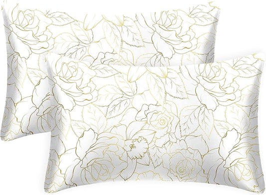 EXQ Home Satin Pillowcase for Hair and Skin Queen - Printed Rose on White Silk Pillowcase 2 Pack 20x30 inches - Satin Pillow Cases Set of 2 with Envelope Closure, Gifts for Women Men