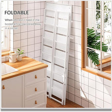 4NM No Assembly 6 Tiers Folding Bookshelf Storage Shelves Vintage Bookcase Standing Racks Study Organizer Home Office (All White)