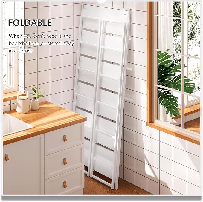 4NM No Assembly 6 Tiers Folding Bookshelf Storage Shelves Vintage Bookcase Standing Racks Study Organizer Home Office (All White)