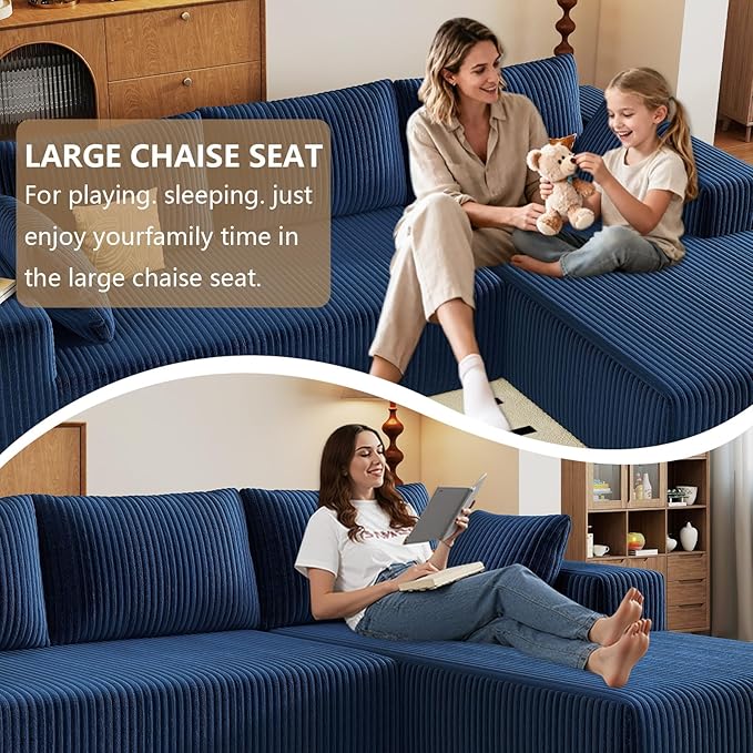 96" Modular Sectional Couch, Boneless L Shaped Cloud Sofa with Chaise Lounge, Corduroy Upholstered Couches Memory Foam Deep Seat, No Assembly Required, Ideal for Living Room(Blue, Right Facing)