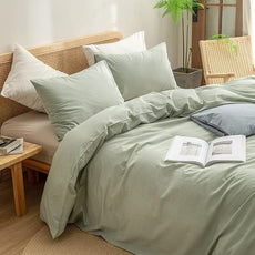 BESTOUCH Duvet Cover Set 100% Washed Cotton Linen Feel Super Soft Comfortable Chic Lightweight 3 PCs Home Bedding Set Solid Sage Green Full/Double