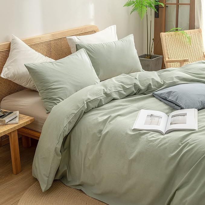 BESTOUCH Duvet Cover Set 100% Washed Cotton Linen Feel Super Soft Comfortable Chic Lightweight 3 PCs Home Bedding Set Solid Sage Green Full/Double