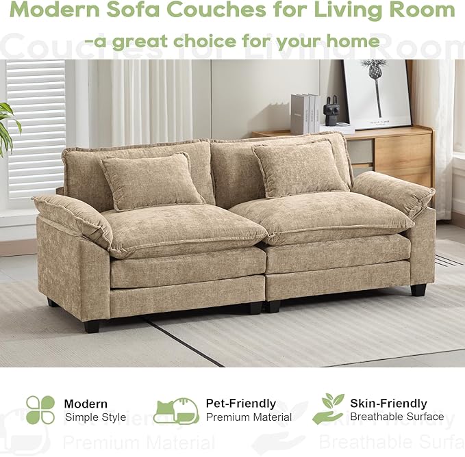 86" Modular Sectional Sofa, Comfy Cloud Couch Sectional Sofa, Chenille Sofa Sleeper Deep Seat Sofa with Throw Pillows for Living Room (Khaki, 86"- Loveseat)