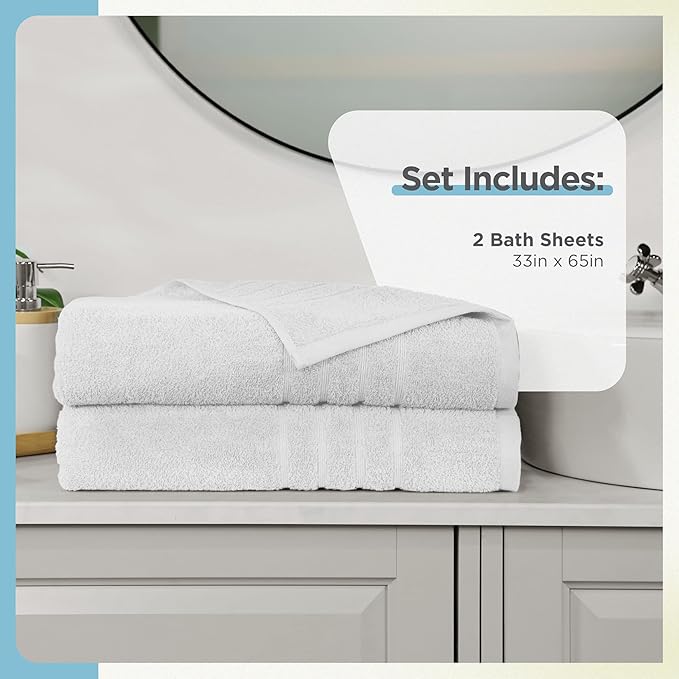 Martex 2-Pack Ultimate Performance Bath Sheet Set – 100% Cotton – 33” x 65” – Extra Large Bath Towels – Versatile – Low-Linting – Supersoft Bathroom Set – Super Absorbent – Easy Care – White