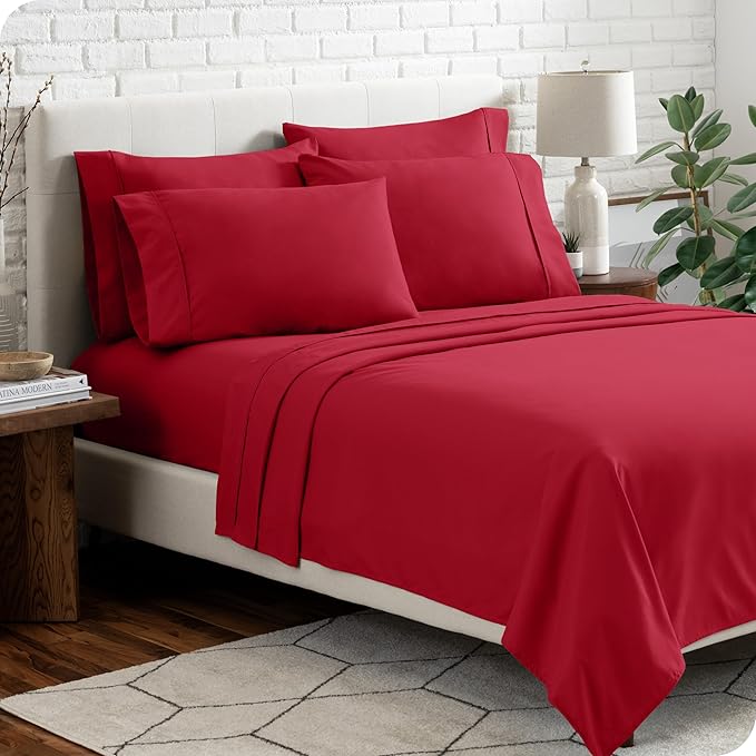 Bare Home Hotel Luxury Full XL Sheet Set, Extra Soft - 6 Piece Set - Deep Pockets - Easy Fit - Cooling & Breathable - Wrinkle, Fade, Stain Resistant - Includes 4 Pillowcases (Full XL, Red)