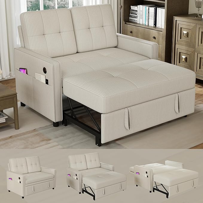 3 in 1 Convertible Sleeper Sofa Bed, Pull Out Couch with Charging Station, Corduroy Small Loveseat Sleeper Sofa with Adjustable Backrest for Apartment, Bedroom, Small Space（White）