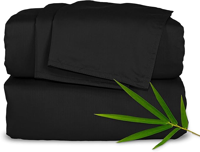 Pure Bamboo Split King Sheets, Genuine 100% Organic Viscose Derived from Bamboo Bed Sheet Set, Soft & Cooling, Double Stitching, 2 Fitted Sheets (Split King, Black)