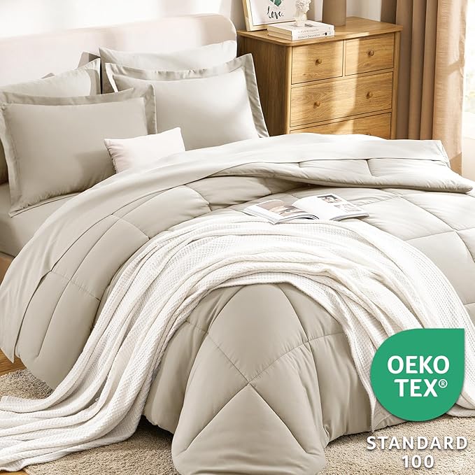 CozyLux King Size Comforter Set Oatmeal - 7 Pieces Bed in a Bag King, Okeo-Tex Certifited Bedding Set, All Season Soft Bed Set with Down Alternative Comforter, Sheets, Pillowcases & Pillow Shams
