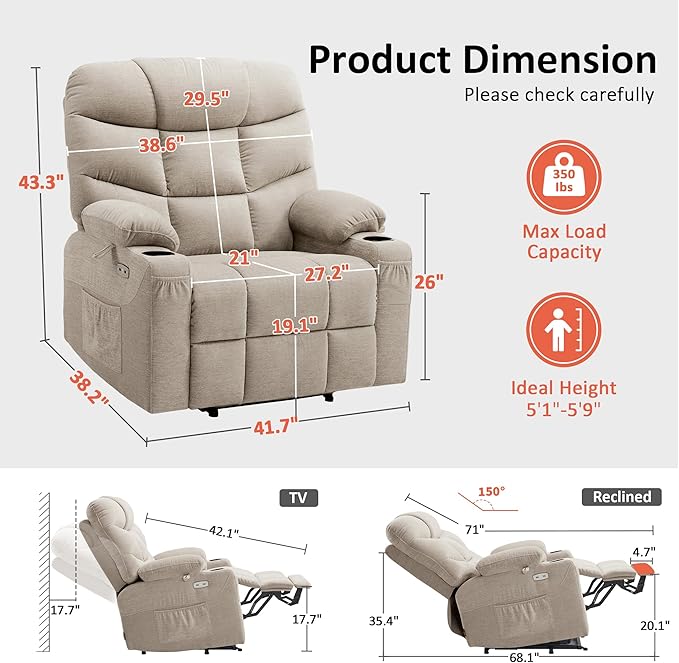 MCombo Oversized Power Lift Recliner Chair with Extended Footrest, Extra Wide 27.2" for Big and Tall Elderly People, Fabric R7289 (Oatmeal, Medium-Oversize)