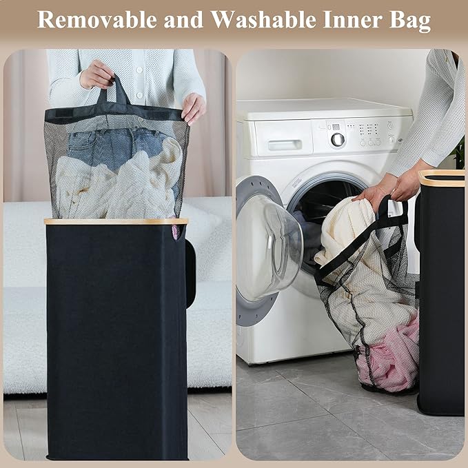 Laundry Hamper with Lid, 110L Large Laundry Hamper with Handle and Lid, Collapsible Clothes Basket Organizer with Removable Inner Bag for Clothes Toys Towels - Black