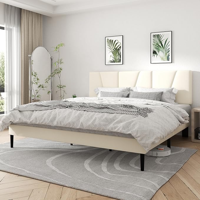 King Size Platform Bed Frame with Geometric Upholstered Headboard, Noise Free, Wooden Slats Support, No Box Spring Needed, Easy Assembly, Beige, Velvet