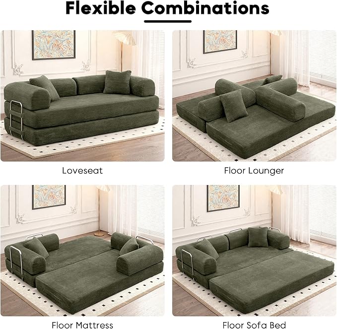 Convertible Sleeper Sofa Bed, Corduroy Floor Couch with Fixed-Shape Frame, Comfy Modular Floor Sofa with Pull Out Bed, Loveseat Sleeper Boneless Couch for Living Room, Green