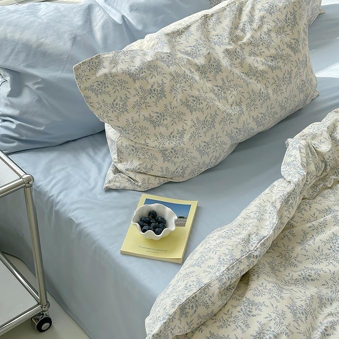 mixinni Blue Floral Duvet Cover Twin XL Size - 100% Cotton Soft Boho Comforter Cover with Zipper Closure 4 Ties, 3-Piece Vintage Aesthetic Botanical Bedding Set with 2 Pillowcases, All Season Bed Set