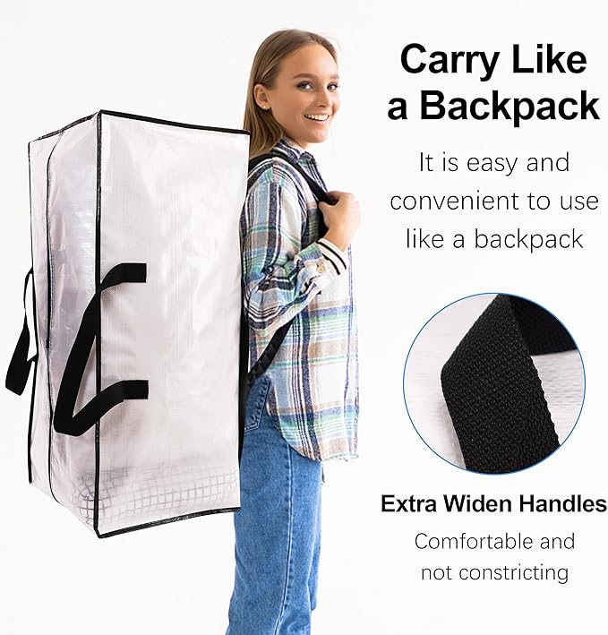 12 Pack Heavy Duty Large Moving Bags W/Backpack Straps - Strong Handles & Zippers, Storage Totes For Space Saving, Fold Flat, Alternative to Moving Box and Storage Bin, Semi-Transparent