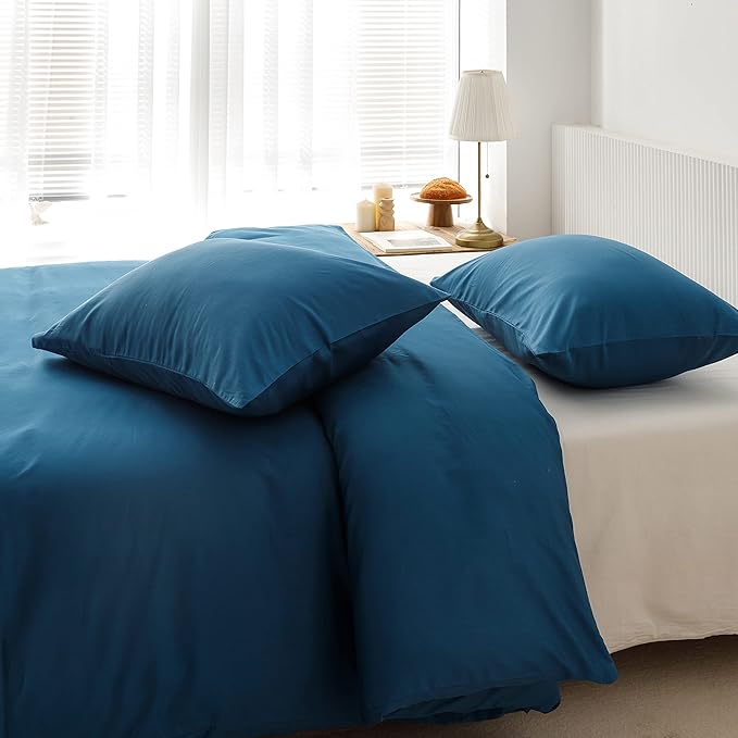 HeimenAogo Extra-Long Staple Cotton Duvet Cover Set Queen Sateen Weave, Silky Soft Breathable Comforter Cover with Zipper Closure, High TC Egyptian Cotton Blanket Cover, Deep Water Blue 90"×90"