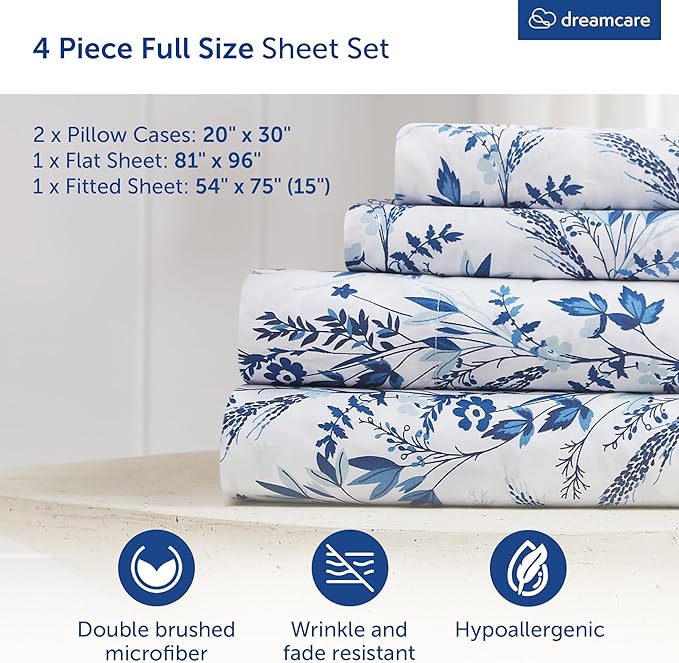DREAMCARE Full Size Bed Sheets - Luxurious Floral Full Sheet Set - 4 Pc Ultra Soft Breathable Wrinkle Free Brushed Microfiber Floral Blue DREAMCARE