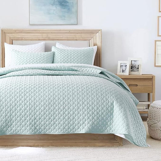 HORIMOTE HOME Quilt King Size Aqua Blue, Lightweight Quilt for Summer, Ultra-Soft Microfiber Modern Style Quilted Clouds Pattern Bedspread Quit Set 3 Pieces(1 Quilt and 2 Pillow Shams)