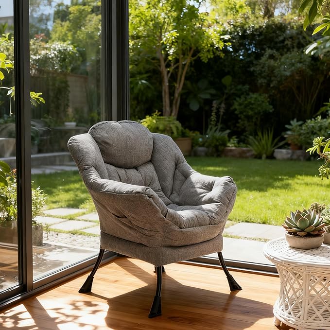 HollyHOME Lazy Chair with Armrest and Side Pocket, Comfy Accent Lounge Chair,Leisure Sofa Armchair for Living Room, Bedroom, Dorm, or Small Spaces, Oversized Reading Sofa Chair,Cotton-Linen Grey