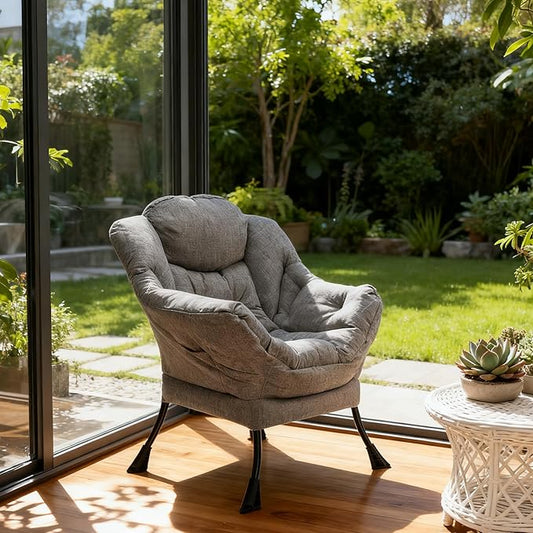 HollyHOME Lazy Chair with Armrest and Side Pocket, Comfy Accent Lounge Chair,Leisure Sofa Armchair for Living Room, Bedroom, Dorm, or Small Spaces, Oversized Reading Sofa Chair,Cotton-Linen Grey