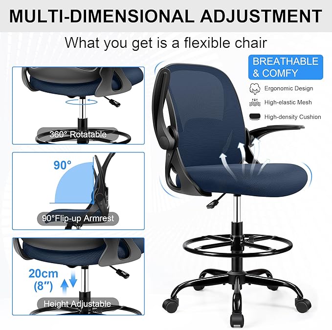 Drafting Chair Tall Office Chair with Flip-up Armrests, Adjustable Height, Enhanced Lumbar Support Ergonomic Rolling Stool, Back Support, Adjustable Foot Rest Ring for Standing Desk Navy