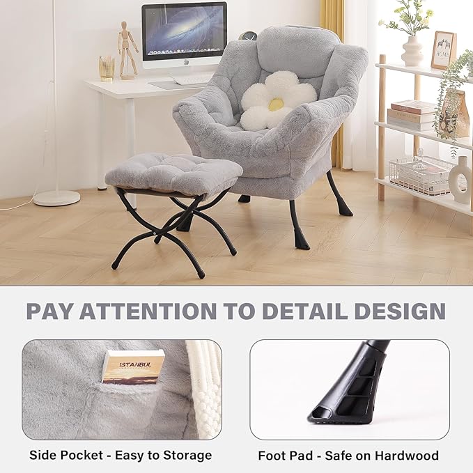 Tiita Lazy Chair with Ottoman, Modern Large Accent Lounge Armchair, Comfy Leisure Sofa Reading Chair with Footrest for Bedroom, Living Room, Dorm Rooms, Garden and Courtyard, Plush Light Grey