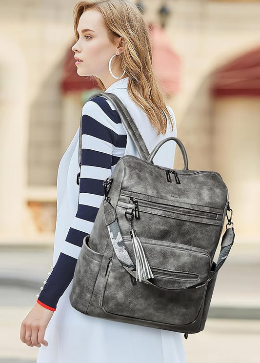Shrrie 15.6 inch Laptop Backpack for Women,Large Leather Purse,Travel Backpacks Carry on,Water Resistant Casual Laptop Backpacks,College Backpack,Work Backpack for Women,Two-toned Deep Gray