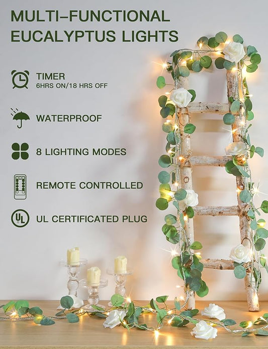 suddus Vines with Lights Plug in, 33ft 100 LED Eucalyptus Garland String Light Connectable with Remote, Leaf Lights for Bedroom, Room, Wall, Garden, Party, Wedding Dorm Decor (Warm White)