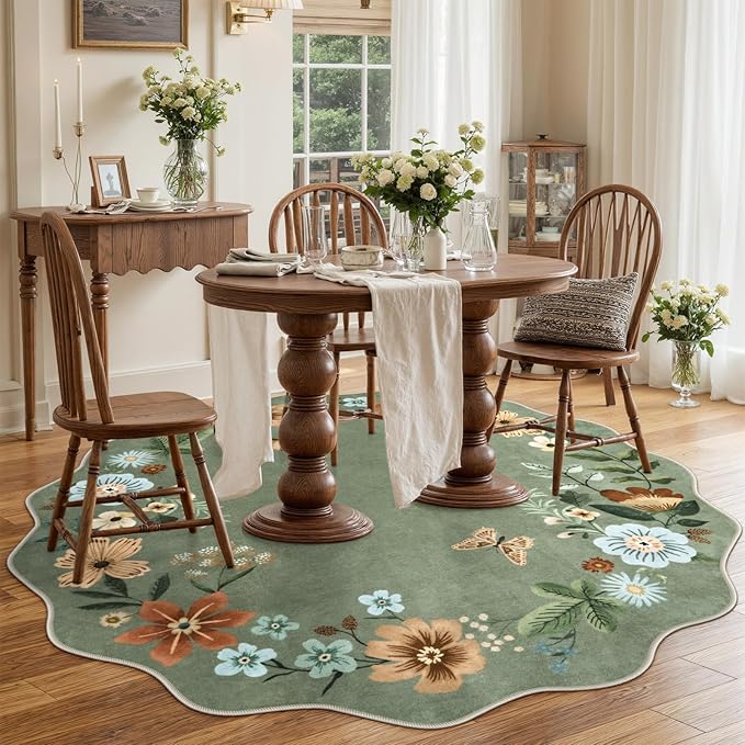 Lahome Floral Washable Round Area Rug, Round Rug 5ft Soft Non-Slip, Non-Shedding Boho Circle Carpet for Bedroom Living Room Bathroom Nursery Kitchen, Green