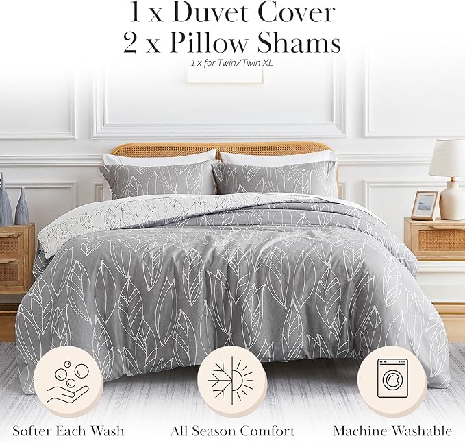 Southshore Fine Living, Inc. Reversible Duvet Cover Queen Size Set/Full Size - Leaf Pattern Duvet Cover and 2 Matching Pillow Shams, Grey Bedding Set, Full/Queen - Modern Foliage Grey