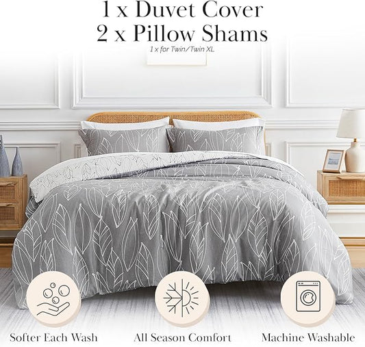 Southshore Fine Living, Inc. Reversible Duvet Cover Queen Size Set/Full Size - Leaf Pattern Duvet Cover and 2 Matching Pillow Shams, Grey Bedding Set, Full/Queen - Modern Foliage Grey
