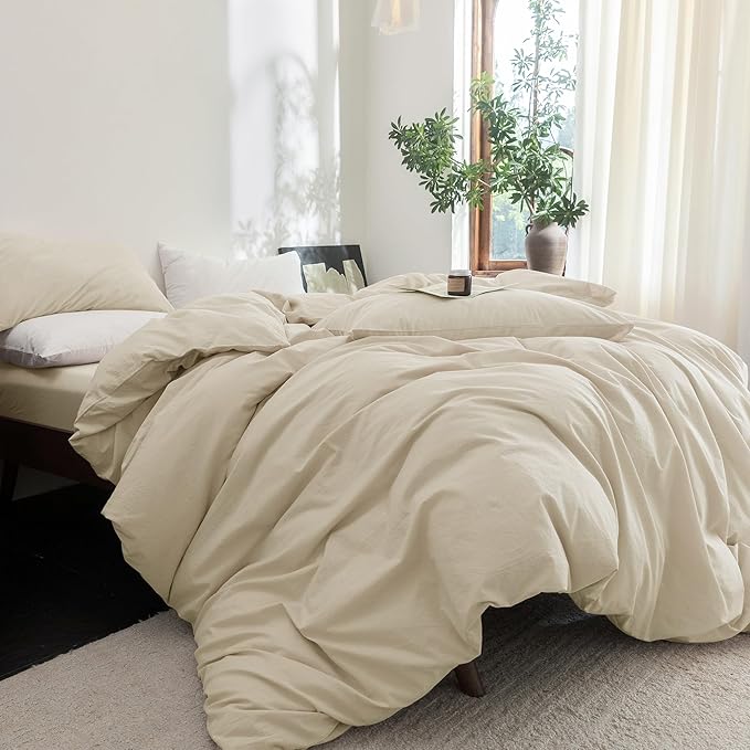 FOSSA Duvet Cover Set 100% Washed Cotton Linen Feel Super Soft Breathable Cozy 3 Pieces Bedding Sets Solid Almond Grey Queen