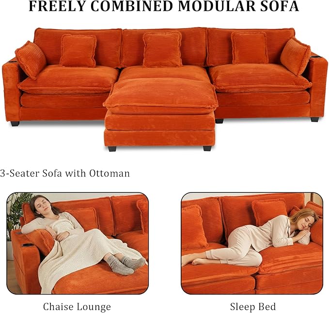 Gexpusm Modular Sectional Sofa,99" Couches for Living Room,Corduroy Sofa with Ottoman & Pillow,Cloud Sectional Couch with Cup Holders & USB,Side Pockets,3-Seat Corduroy Boneless Chair Indoor (Orange)